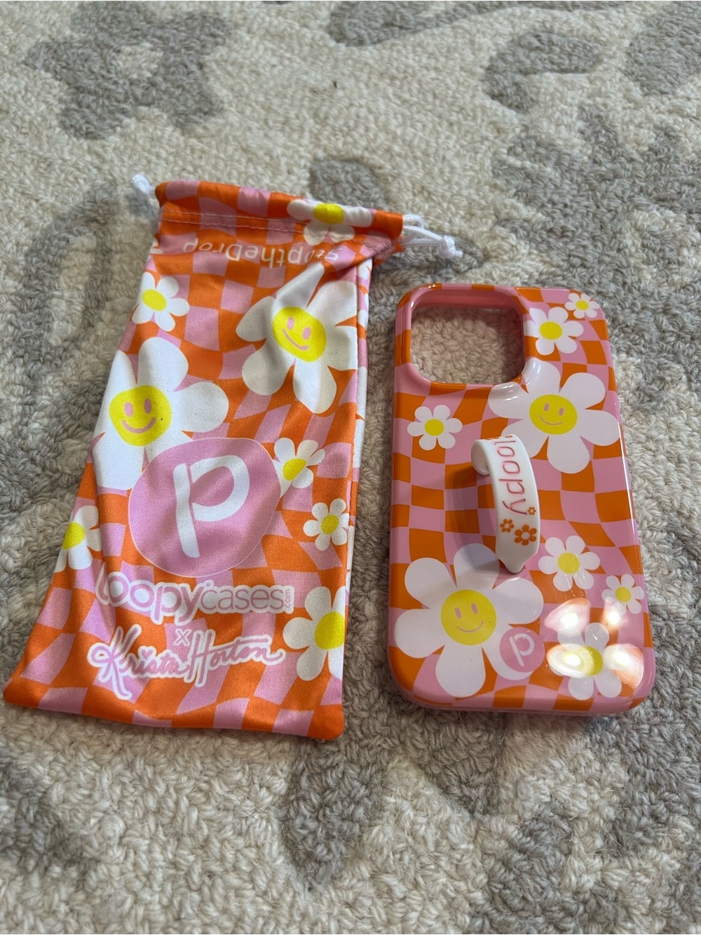 Pink and orange checkered Daisy Dreamin Loopy Cases Krista Horton iPhone 14 Pro